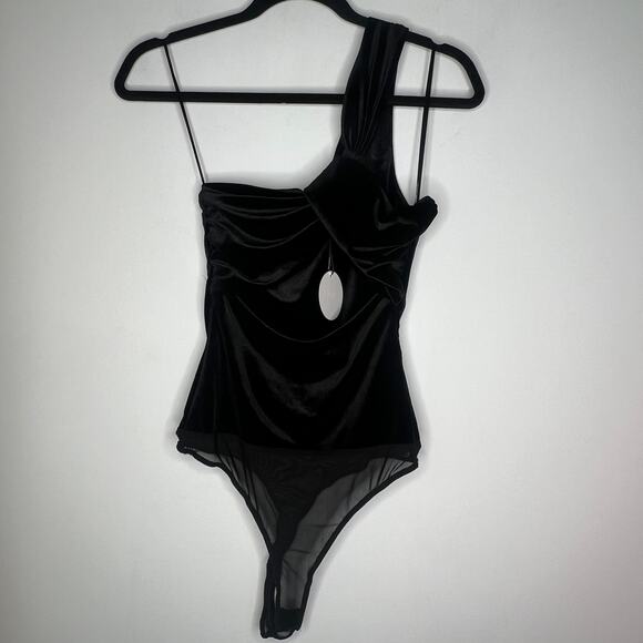 NIA Black Velvet One Shoulder Bodysuit Size Small - Picture 2 of 7